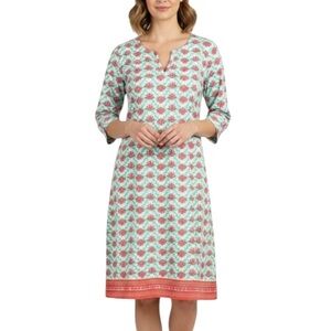 Hatley Floral Beach Travel Cotton Short Sleeve Split Neck Dress XL Green Orange